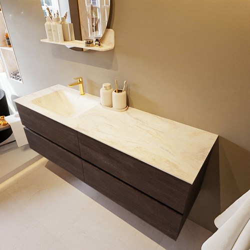 VICA-DLUX 150cm mueble de baño Dark Brown 4 cajones. Lavabo CLOUD Izquierda 1 orificio color Ostra.