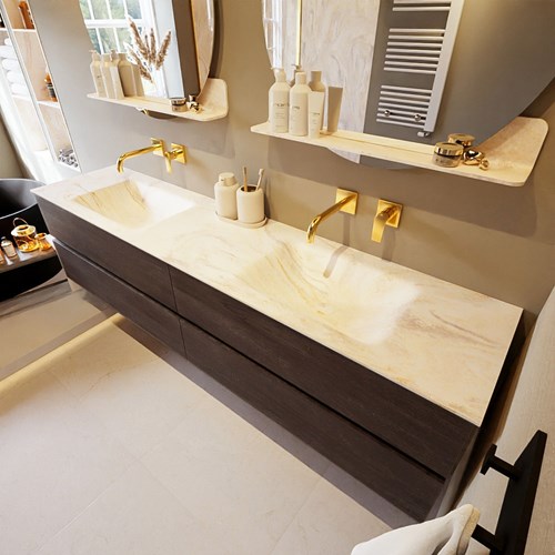 VICA-DLUX 200cm mueble de baño Dark Brown 4 cajones. Lavabo CLOUD Doble sin orificio color Ostra.
