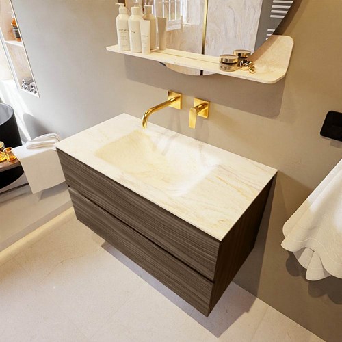 VICA-DLUX 90cm mueble de baño Mocha 2 cajones. Lavabo CLOUD Centro sin orificio color Ostra.