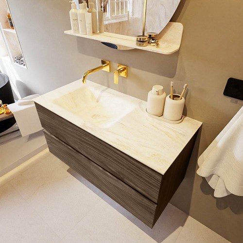 VICA-DLUX 100cm mueble de baño Mocha 2 cajones. Lavabo CLOUD Izquierda sin orificio color Ostra.
