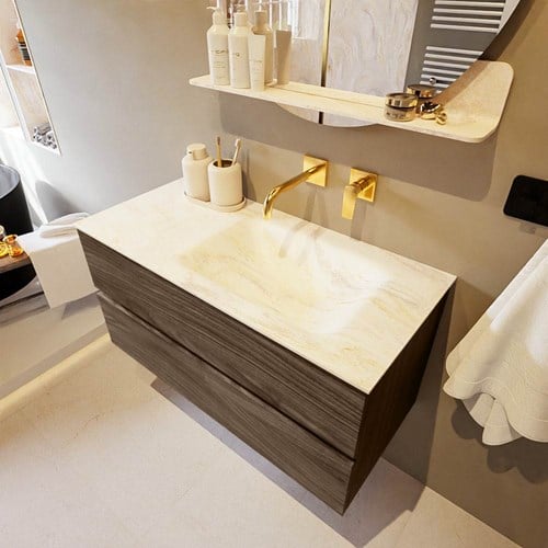 VICA-DLUX 100cm mueble de baño Mocha 2 cajones. Lavabo CLOUD Derecho sin orificio color Ostra.