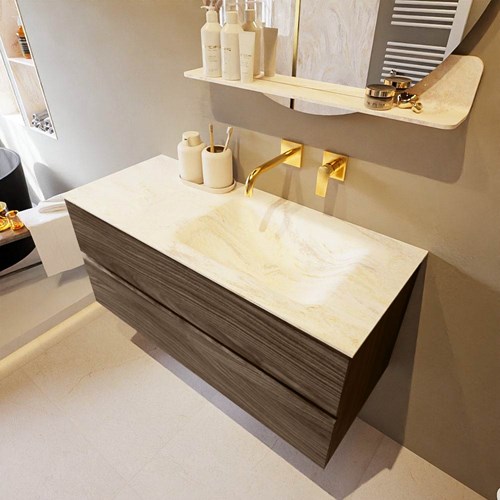 VICA-DLUX 110cm mueble de baño Mocha 2 cajones. Lavabo CLOUD Derecho sin orificio color Ostra.