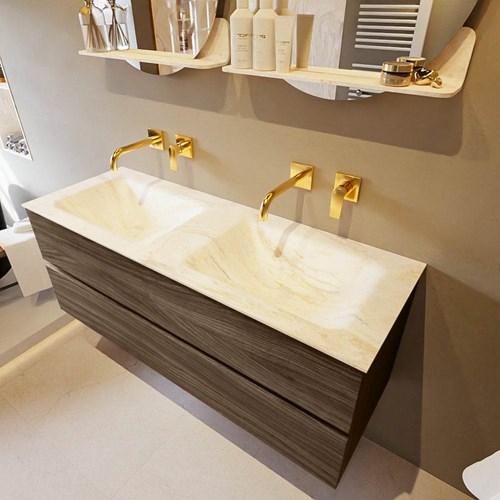 VICA-DLUX 130cm mueble de baño Mocha 2 cajones. Lavabo CLOUD Doble sin orificio color Ostra.