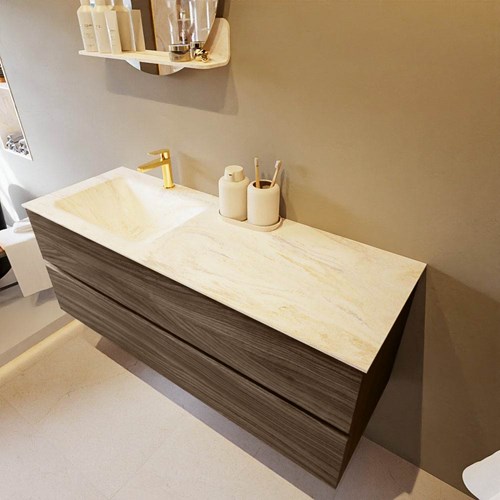 VICA-DLUX 130cm mueble de baño Mocha 2 cajones. Lavabo CLOUD Izquierda 1 orificio color Ostra.