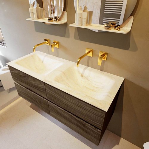VICA-DLUX 120cm mueble de baño Mocha 4 cajones. Lavabo CLOUD Doble sin orificio color Ostra.