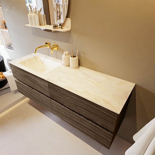 VICA-DLUX 150cm mueble de baño Mocha 4 cajones. Lavabo CLOUD Izquierda sin orificio color Ostra.