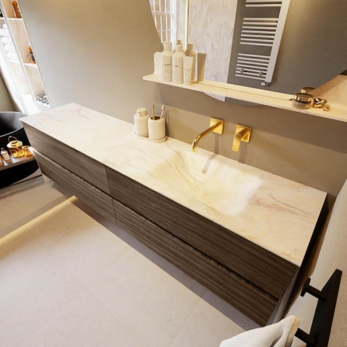 VICA-DLUX 200cm mueble de baño Mocha 4 cajones. Lavabo CLOUD Derecho sin orificio color Ostra.