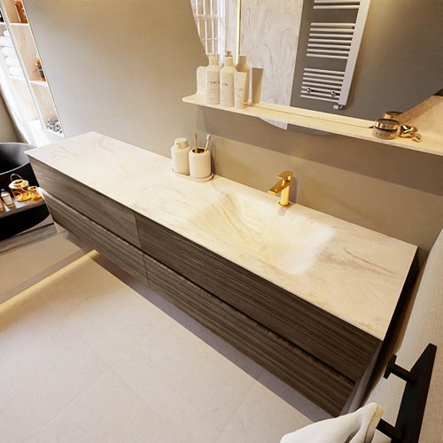 VICA-DLUX 200cm mueble de baño Mocha 4 cajones. Lavabo CLOUD Derecho 1 orificio color Ostra.