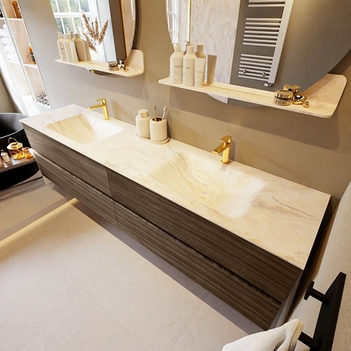 VICA-DLUX 200cm mueble de baño Mocha 4 cajones. Lavabo CLOUD Doble 2 orificios color Ostra.